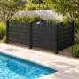 Black dallas style aluminum privacy screen, three 48-inch-wide panels in an L-shaped pool equipment enclosure visualization