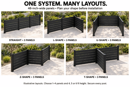 Illustrative straight, L, U, Z and T layouts with three 48-inch-wide aluminum privacy screen panels