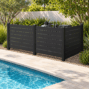 Black los angeles style aluminum privacy screen, three 48-inch-wide panels in an L-shaped pool equipment enclosure visualization