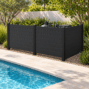 Black new york style aluminum privacy screen, three 48-inch-wide panels in an L-shaped pool equipment enclosure visualization