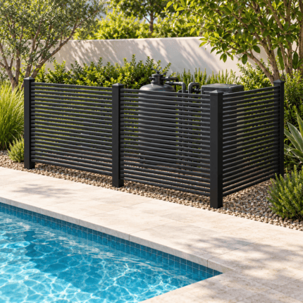 Black san francisco style aluminum privacy screen, three 48-inch-wide panels in an L-shaped pool equipment enclosure visualization