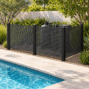 Black san francisco style aluminum privacy screen, three 48-inch-wide panels in an L-shaped pool equipment enclosure visualization
