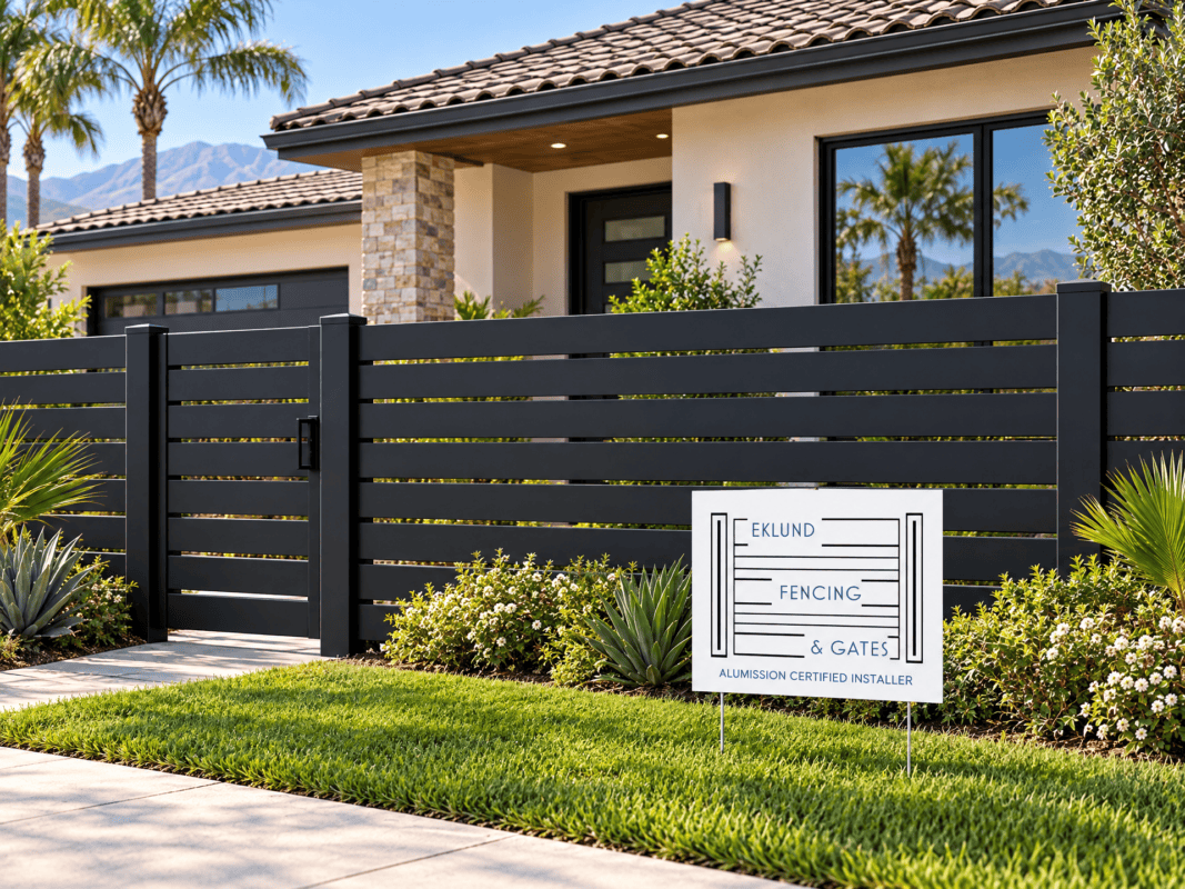 Illustration of a house with an aluminum front fence and a Eklund Fencing and Gates lawn sign