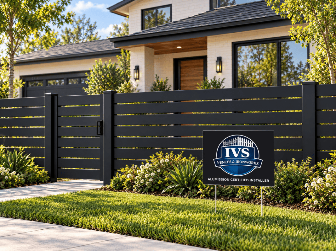 Illustration of a house with an aluminum front fence and a IVS Fences & Ironworks lawn sign