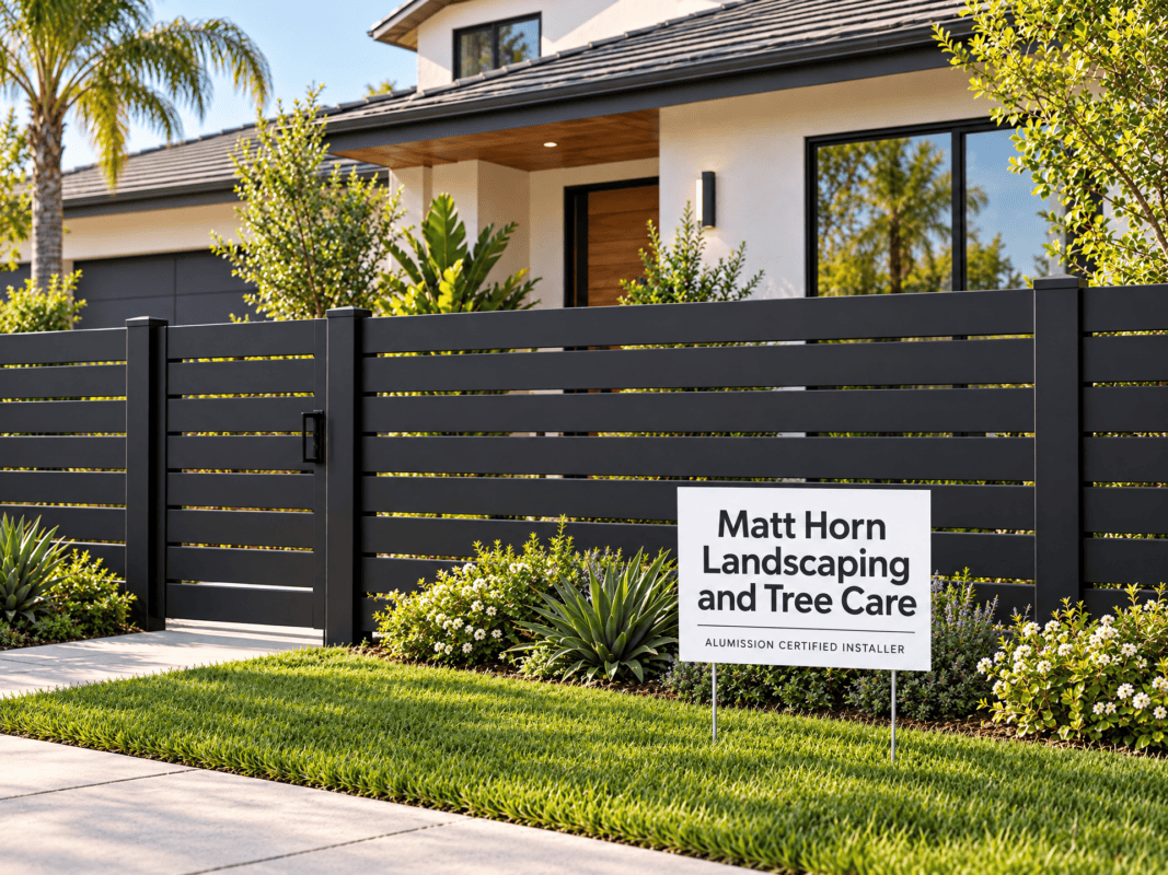 Illustration of a house with an aluminum front fence and a Matt Horn Landscaping and Tree Care lawn sign