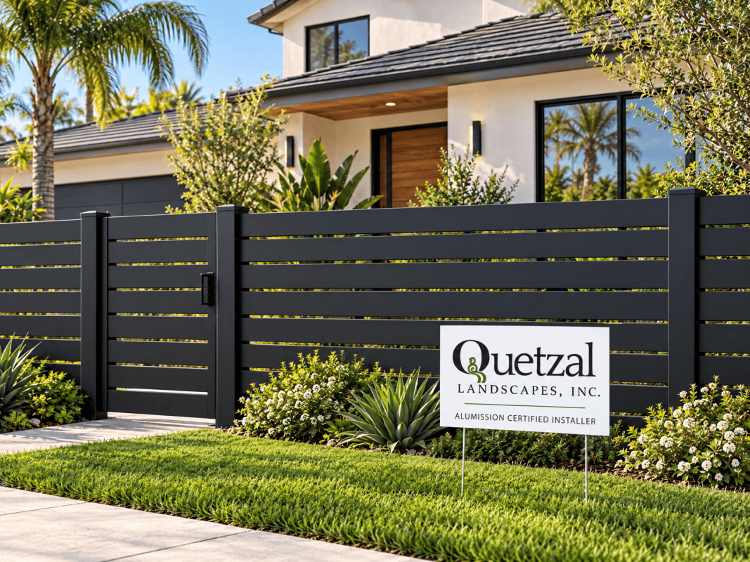 Illustration of a house with an aluminum front fence and a Quetzal Landscapes, Inc. lawn sign