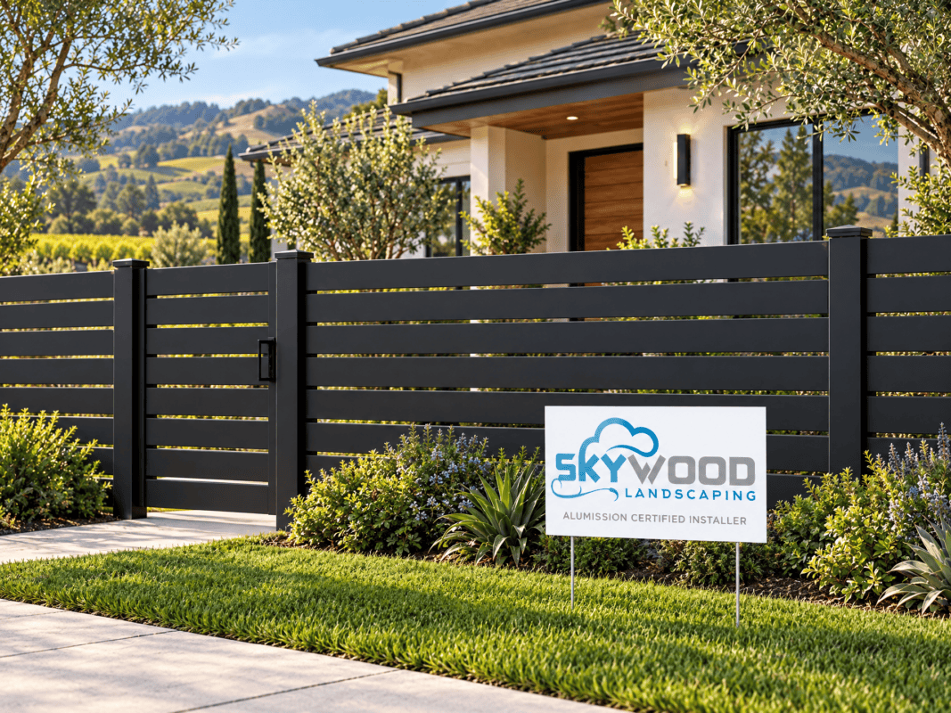 Illustration of a house with an aluminum front fence and a Skywood Landscaping lawn sign