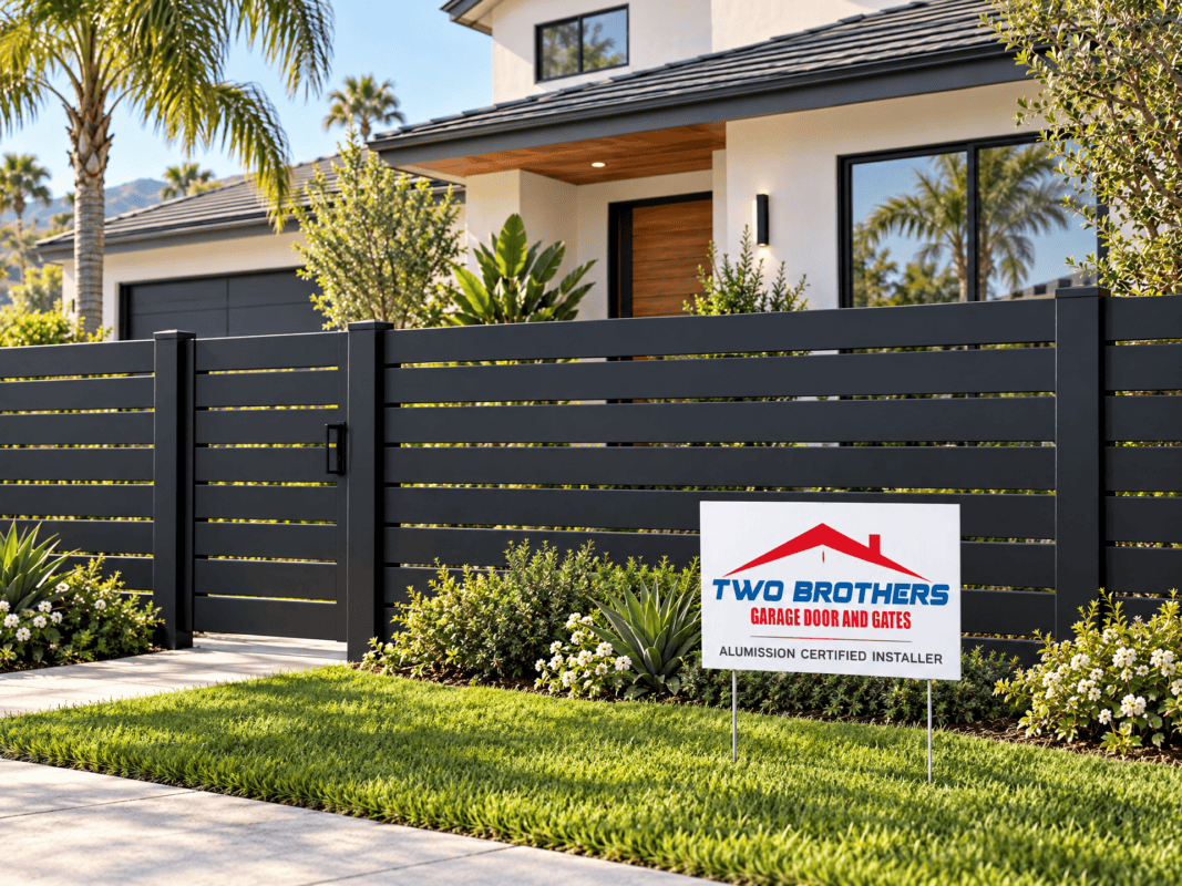 Illustration of a house with an aluminum front fence and a Two Brothers Garage Door and Gates lawn sign