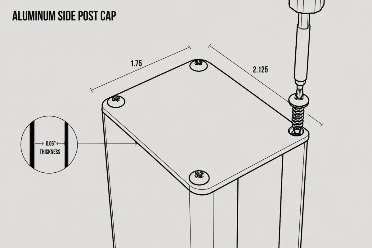 Aluminum Cap For Side Post technical drawing showing 1.75 inch by 2.125 inch dimensions, 1/16 inch thickness, and four mounting holes