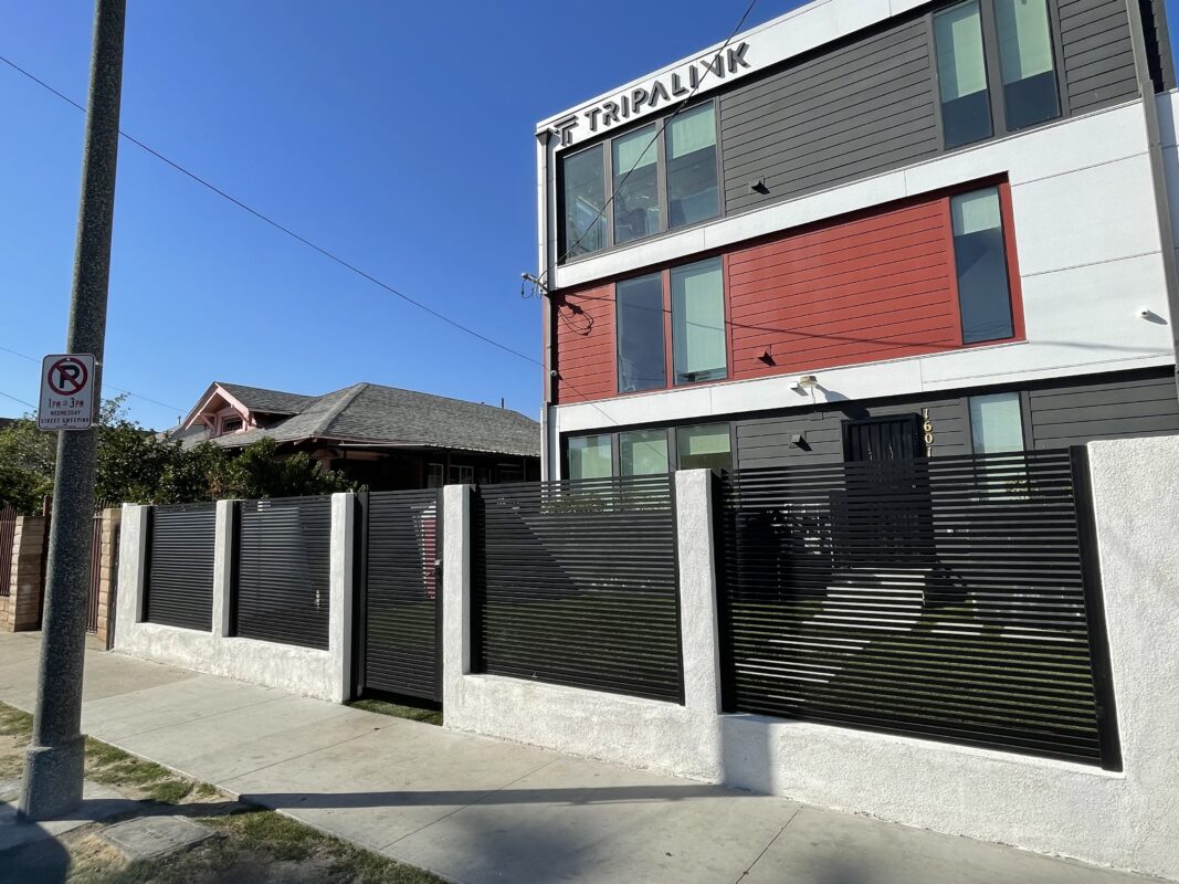 Apartment building fence panels and gate