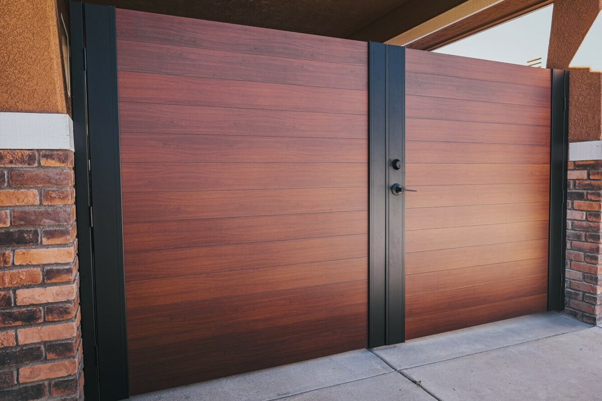Aluminum double swing gate- wood finish from Alumission Modern Aluminum Fences & Gates