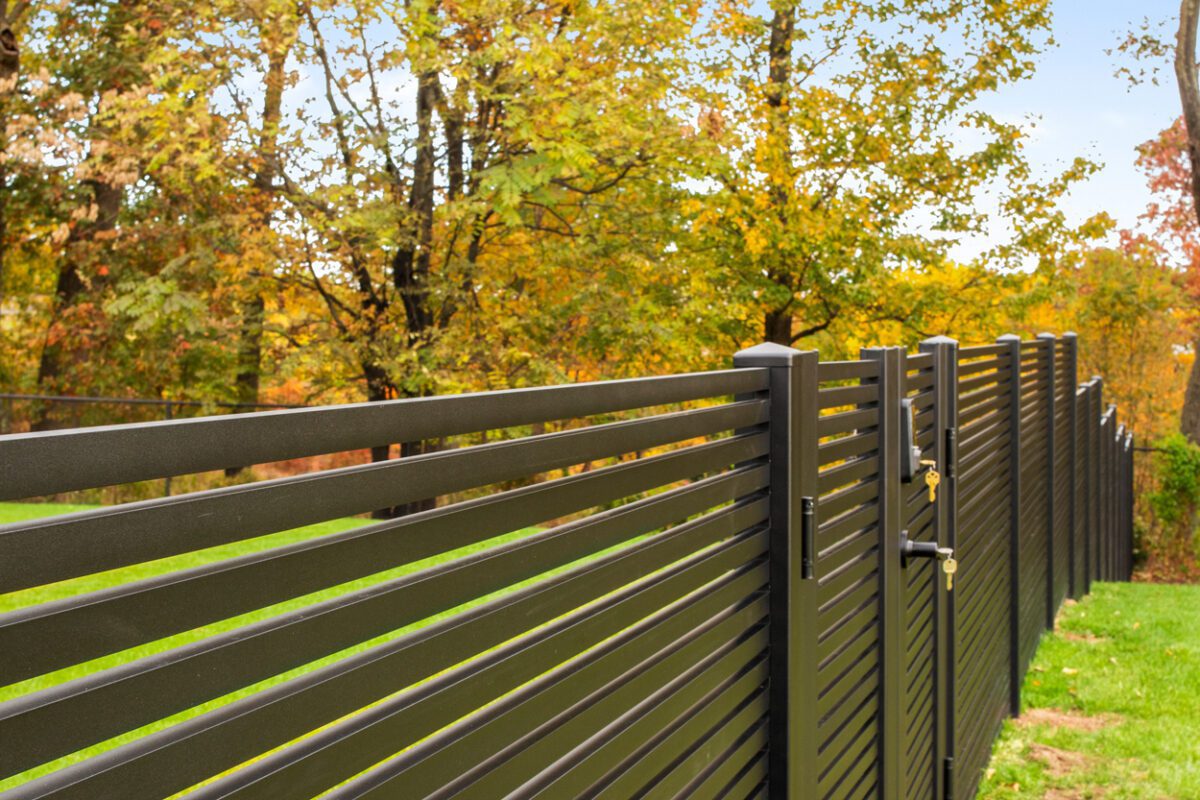 Modern black aluminum fence installed in a vibrant, autumnal outdoor setting.
