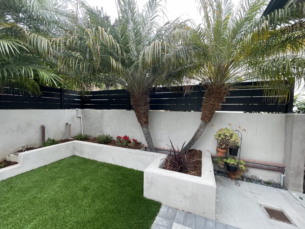 Modern black fence enhances outdoor space with palm trees and landscaped garden features.