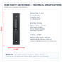 Heavy-duty gate hinge technical specifications showing 8 inch by 2 inch plate and 3/8 inch mounting holes