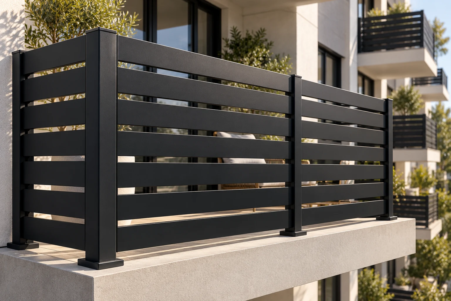 AI architectural detail concept of black Alumission Los Angeles style horizontal slat balcony railing and rectangular channel posts