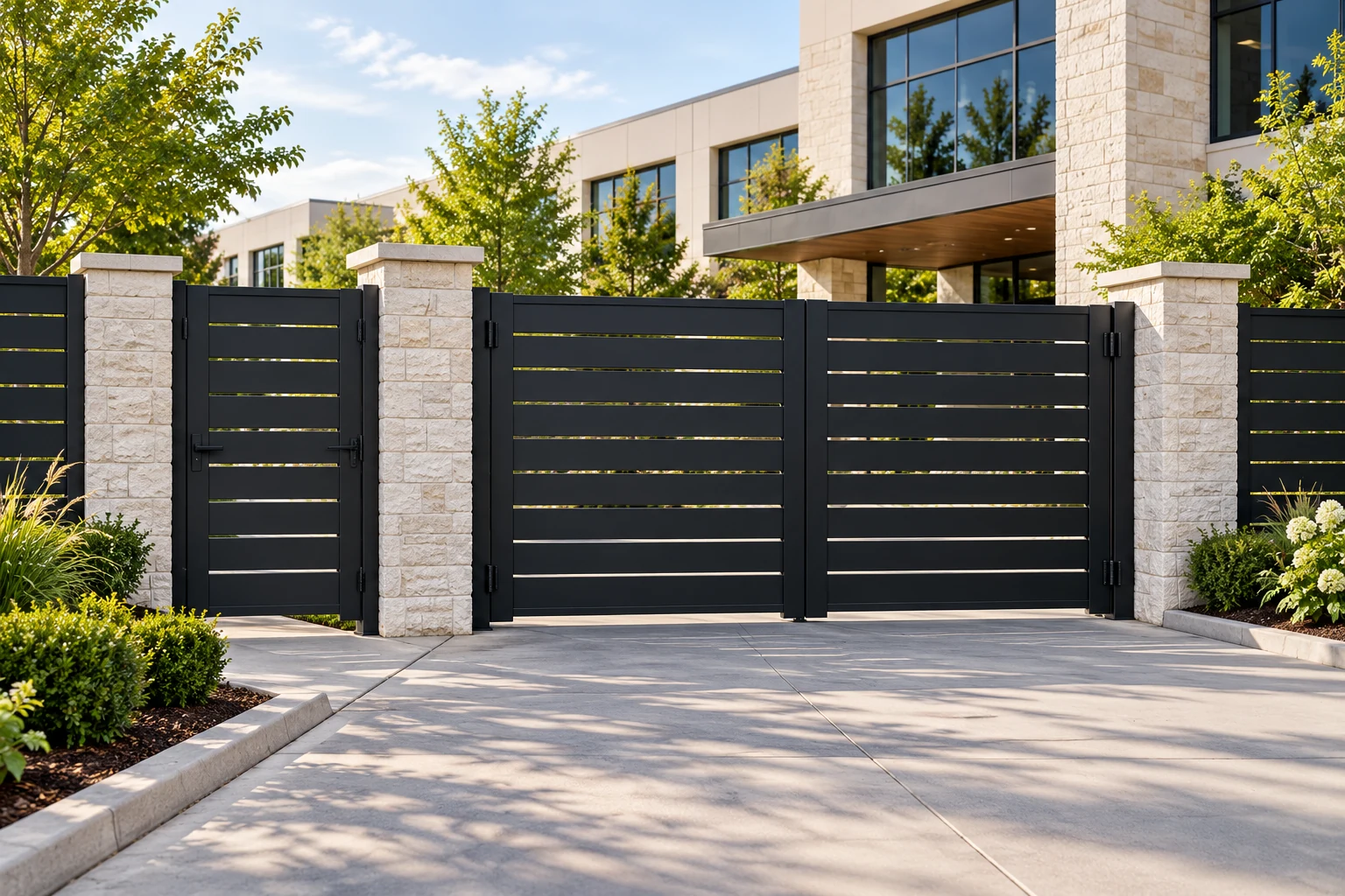 AI architectural concept of an office campus entrance with black Alumission Los Angeles style double swing and pedestrian gates