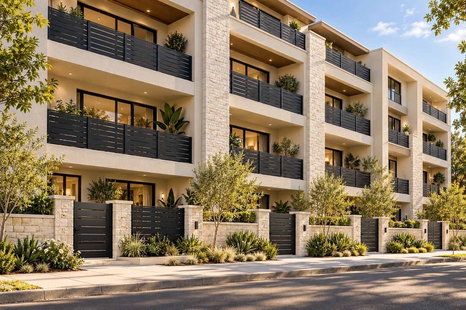 AI architectural concept of a condominium complex with black Alumission Los Angeles style balcony railings and individual patio entry gates