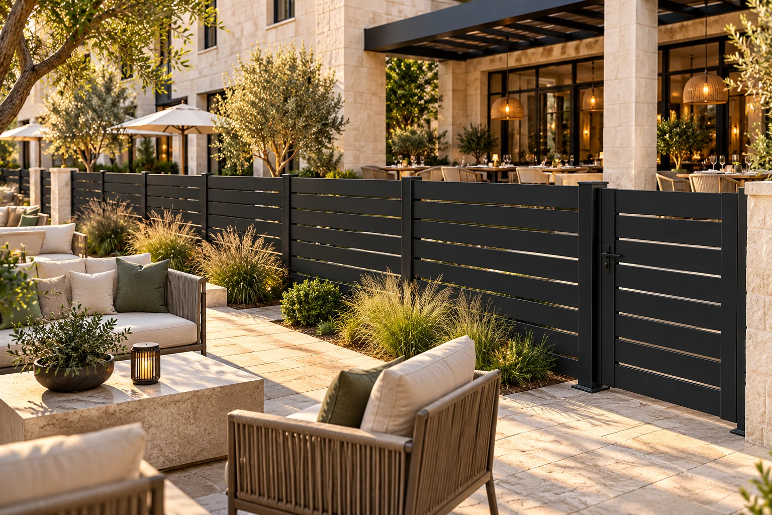 AI architectural concept of a hotel courtyard with black Alumission Los Angeles style privacy screens and matching pedestrian gate