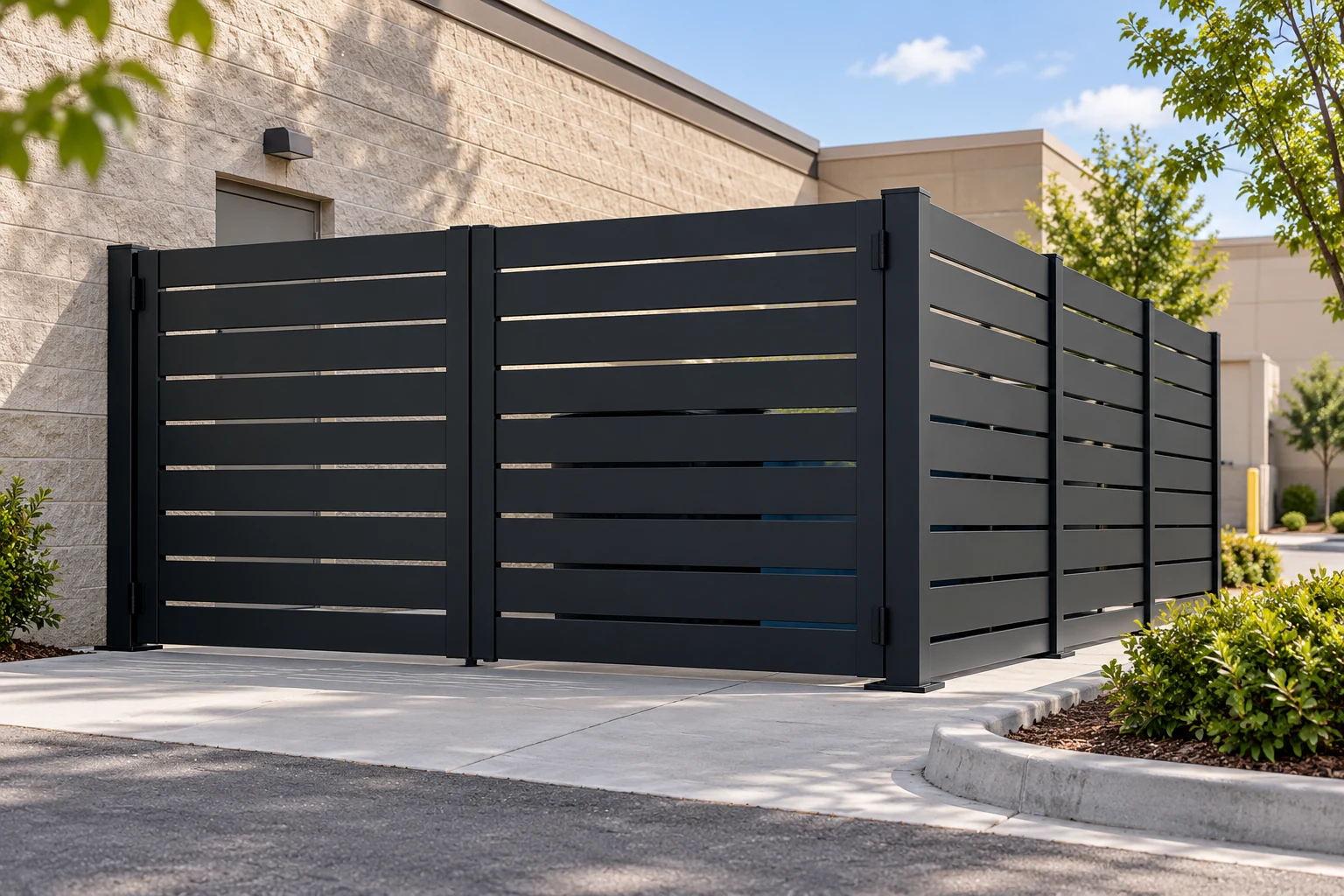 AI architectural concept of black Alumission Los Angeles style aluminum screening and double gates at a commercial service enclosure