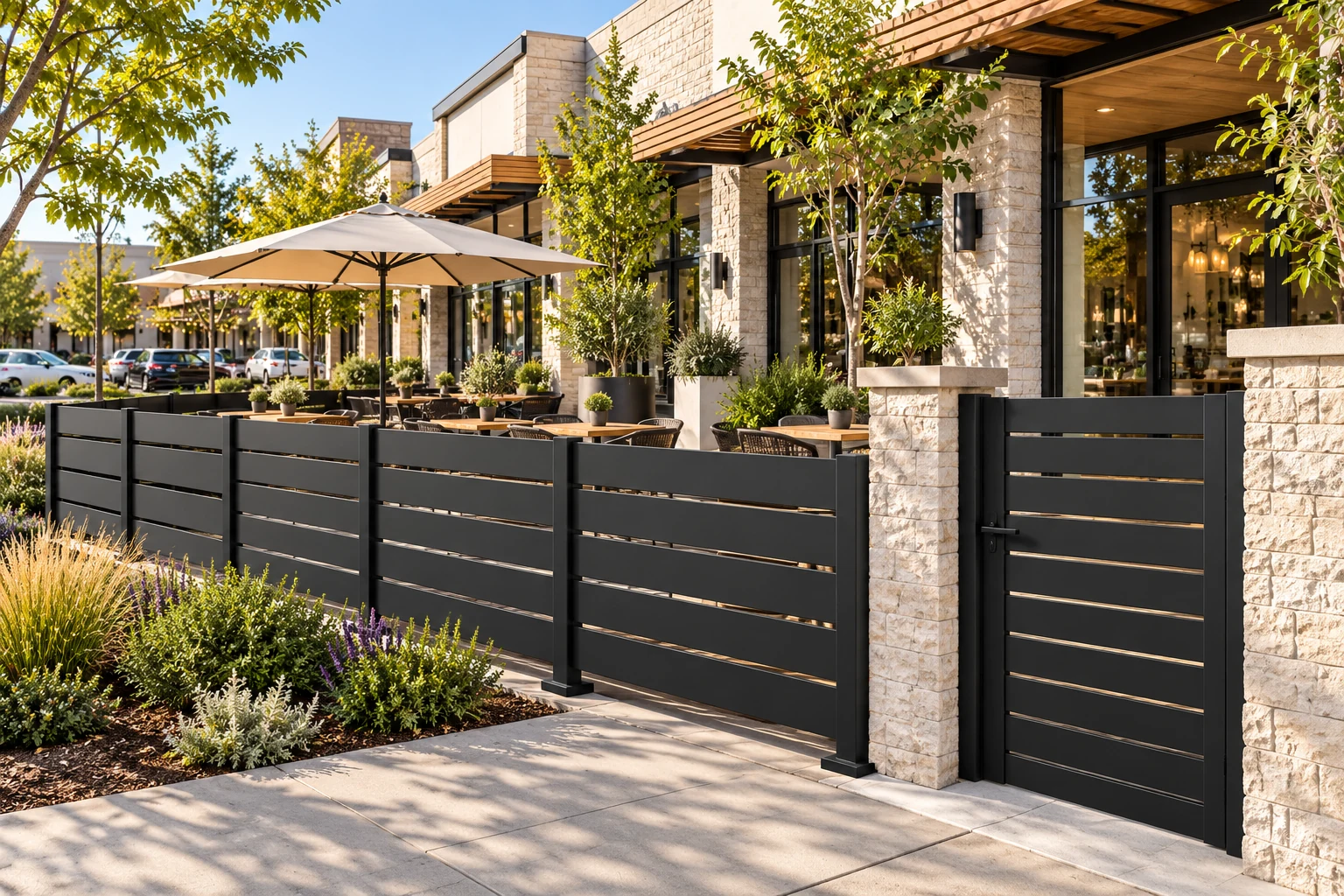 AI architectural concept of a shopping center café terrace with black horizontal Alumission Los Angeles style fencing and a matching gate